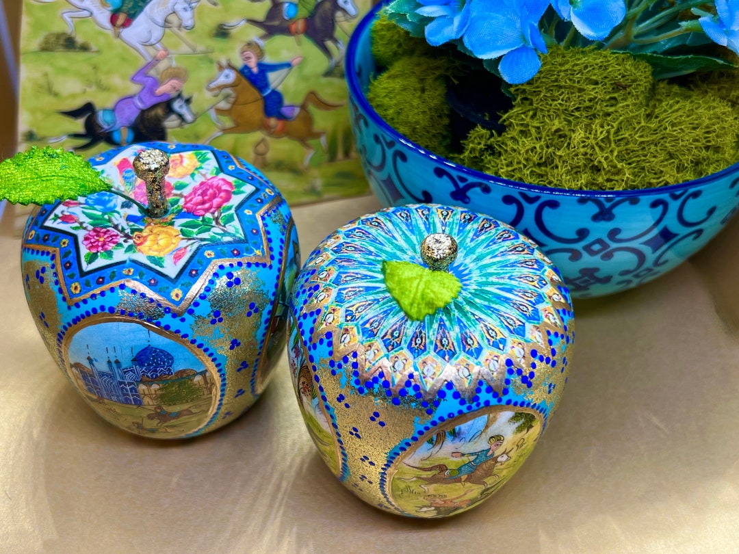 Persian Miniature Painting Set of 2 Apples, Norooz Haftseen Haftsin Set