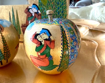 Haftsin Apple ONE (1), Persian Style Miniature Art, Images on Wooden Apple for Norooz Nowruz, Gold Leaf, Country of Origin: USA