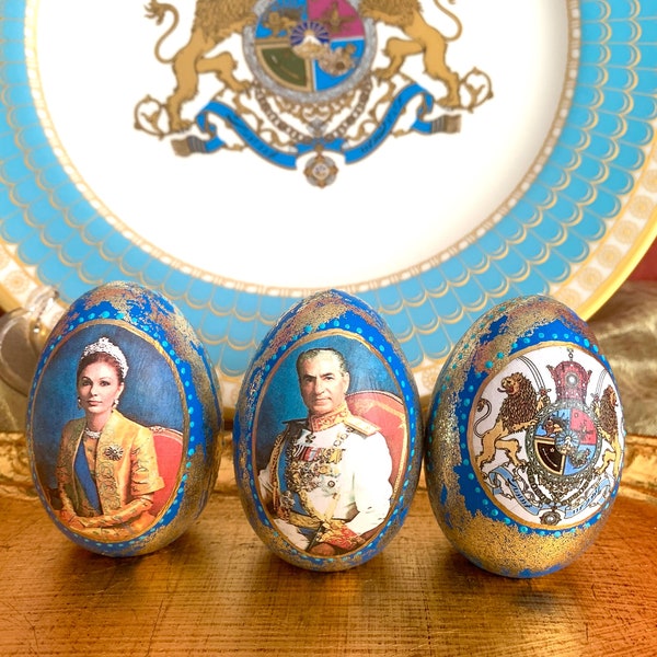 Pahlavi Mohammad Reza Shah,Haftseen Set Haftsin Nowruz Norooz Decor, Special Edition Set of 3 Wooden Decoupaged Eggs Farah Pahlavi Diba 7sin