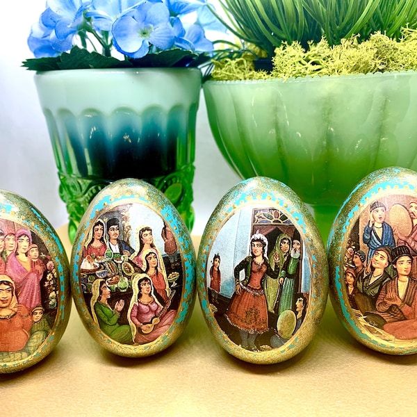 Haftsin Haftseen Nowruz Norouz Set of 4 Hand Decoupaged Wooden Eggs,Persian Village Festivities Scene,Persian Decor Norooz Sofreh Aghd Yalda