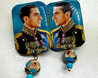 Shah Persian Jewelry, Pahlavi Portrait mounted on Lightweight Wood, Cloisonne Minakari and Turquoise Beads