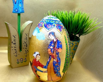 Haftsin Decor Persian Style Goose Egg, Decoupaged Miniature Art, Gold Leaf, USA Made