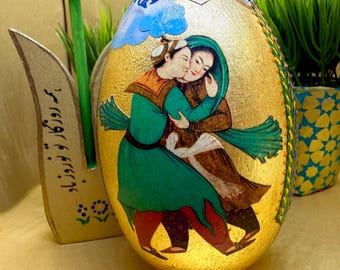 Haftsin Persian Miniature One (1) Goose Egg, Decoupage and Gold Leaf on Wood, Nowruz Decoration