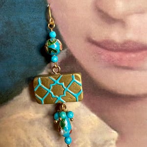 Persian Earrings tile replica, Middle Eastern Jewelry, Mina Kari Vintage Cloisonne Earrings, Handmade Yalda & Nowruz Gift, Gold Color Clay