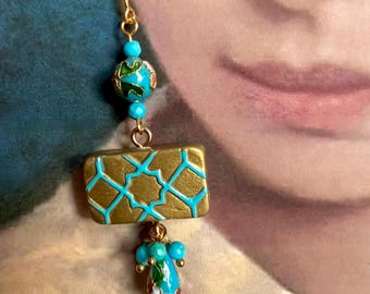Mina Kari Cloisonne Earrings, Gold Tile Replica, Persian Jewelry