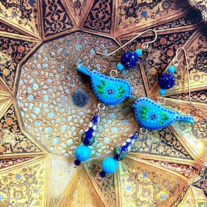 Persian Bird Earrings, Turquoise & Cloisonne Beads, Persian Jewelry, Blue Clay Earrings, Nowruz Norooz Gift, Persian Handmade Jewelry, Yalda