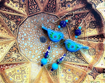 Persian Bird Earrings, Turquoise Cloisonne Beads, Handmade Jewelry