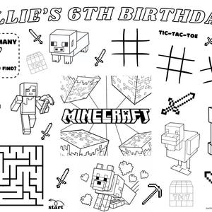 Könnte beinhalten: Eine schwarz-weiße druckbare Malvorlage mit Minecraft-Motiv. Die Seite enthält ein Labyrinth, ein Tic-Tac-Toe-Spiel und verschiedene Minecraft-Charaktere und -Objekte, darunter ein Creeper, ein Schwein, ein Schwert und eine Spitzhacke. Der Text "OLLIE'S 6TH BIRTHDAY" befindet sich oben auf der Seite.
