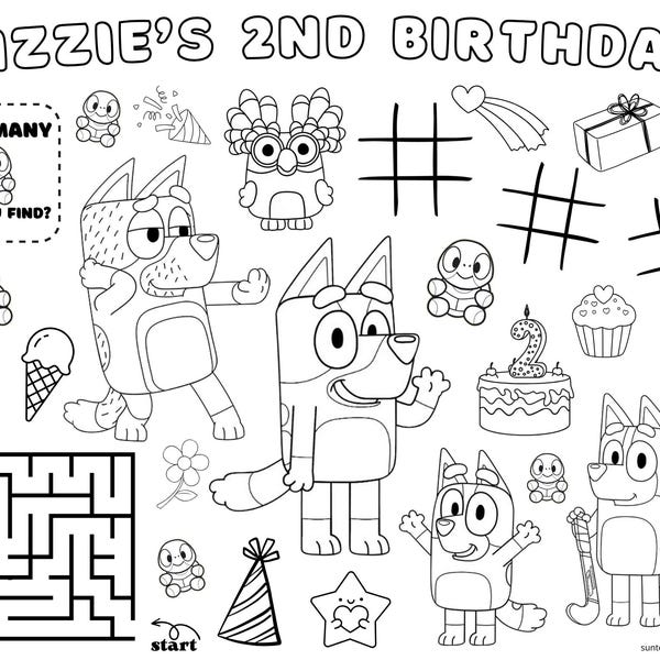 Personalized kid's birthday coloring and activity page Bluey theme
