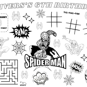 Personalized kid&#39;s birthday coloring and activity page Spiderman theme - Digital Product