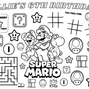 Op de afbeelding: Zwart-witte printbare kleurplaat met Super Mario-personages, een doolhof, een tic-tac-toe-spel en een 'Hoeveel kun je er vinden?'-spel. De tekst 'Ollie's 6th Birthday' staat bovenaan de pagina.