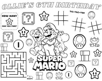 Personalized kid's birthday coloring and activity page Super Mario theme