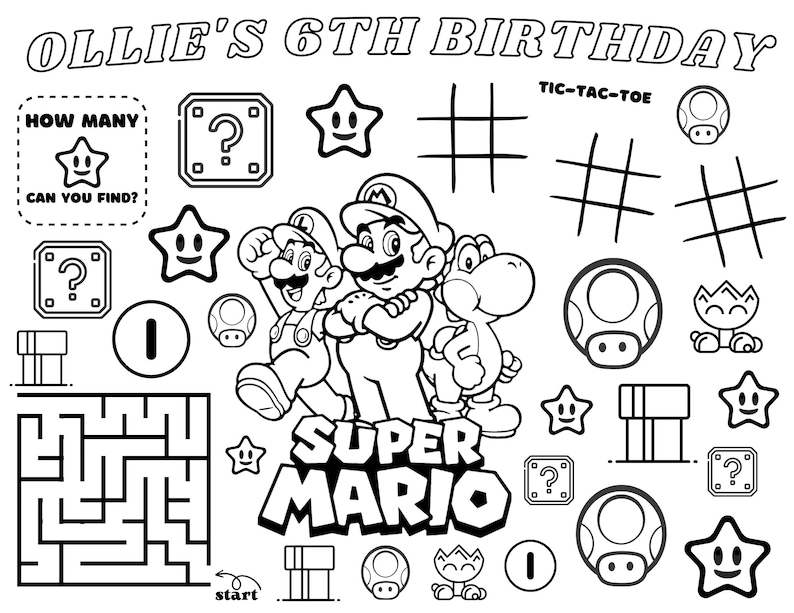 Personalized Kid's Birthday Coloring and Activity Page Super Mario ...