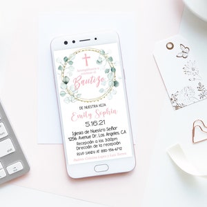 Batismo Espanhol Bautizo Menina Convidar Convite Móvel Telefone Editável Download Digital Corjl e-invitation