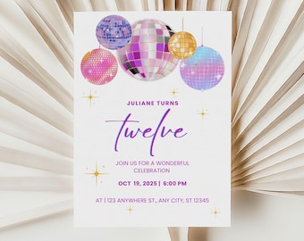 Disco Ball Birthday Invitation, Pink Purple Neon (Editable 5x7 Card)