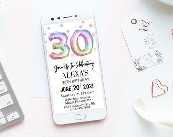 Thirty Birthday 30th Evite Gold Foil Balloons Mobile Invite Invitation Digital Editable INSTANT DOWNLOAD