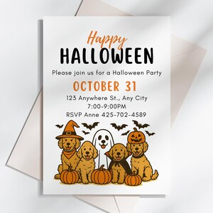 May include: Halloween party invitation with cartoon dogs in Halloween costumes, such as a witch's hat and pumpkin. The invitation includes the text "Happy Halloween" and event details: date, time, and RSVP information.