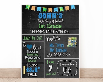 Back to School Boys Green Blue Chalkboard Kids Printable Sign First Day of School Editable INSTANT DOWNLOAD