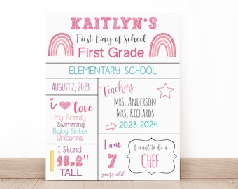 Pink Rainbow Back to School Kids Printable Girls Sign First Day of School Editable INSTANT DOWNLOAD