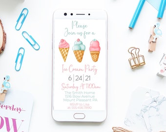 Ice Cream Party Evite Invitation Electronic Mobile Invite, Girls Birthday invitation, Corjl