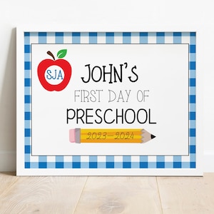Back to School Gingham Monogram Preschool Personalized Printable Sign First Day of School Editable INSTANT DOWNLOAD