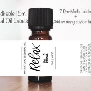 May include: A brown essential oil bottle with a black cap and a white label. The label reads "Relax blend" and includes the ingredients: cedarwood, lavender, and frankincense oil. Text on the image says "Fully Editable 15ml Essential Oil Labels".