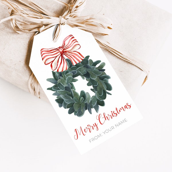 Editable Christmas Wreath Holiday Gift Tags XMAS Printable Template Tag Corjl INSTANT DOWNLOAD