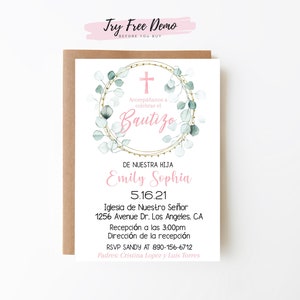 Baptême espagnol Bautizo Girl Invite 5x7 Invitation Editable Printable Digital Download Corjl e-invitation