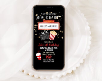 Inbjudan till filmkväll med popcorn, digitalt kort (textvänligt, utskrivbart)