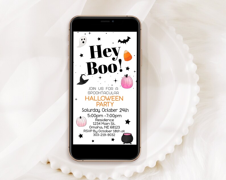 Hey Boo Halloween Party Pink Pumpkin Invitation Mobile Invite Evite Corjl