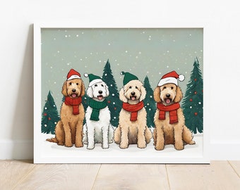 May include: Four doodle dogs wearing Santa hats and red scarves are sitting in front of a snowy background with green Christmas trees.