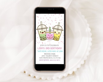 Födelsedagsinbjudan: Kawaii Bubble Tea - Digital mobilinbjudan
