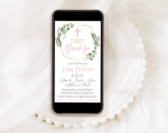 Spanish Baptism Bautizo Girl Invite Mobile Invitation Editable Phone Digital Download Corjl e-invitation