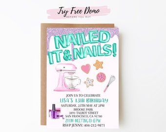 Nailed It Baking and Manicure Birthday Party Invite Printable 5x7 Invitation INSTANT DOWNLOAD