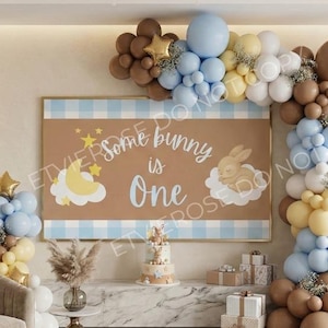 Birthday Banner: Bunny on Cloud with Moon and Gingham Border