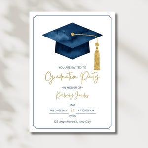 May include: A graduation party invitation with a navy blue mortarboard and gold tassel. The invitation text reads "Graduation Party" and includes details for Kimberly Jacobs' graduation, including the date, time, and location.