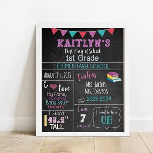 May include: A chalkboard sign with a pink and teal banner at the top. The sign says "Kaitlyn's First Day of School 1st Grade Elementary School August 8th, 2023". It also says "I love My Family Swimming Baby Sister Unicorns I Stand 48.2" tall I am 7 years old I want to be a CHEF".