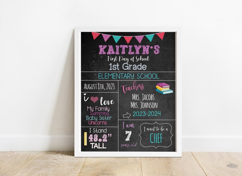 May include: A chalkboard sign with a pink and teal banner at the top. The sign says "Kaitlyn's First Day of School 1st Grade Elementary School August 8th, 2023". It also says "I love My Family Swimming Baby Sister Unicorns I Stand 48.2" tall I am 7 years old I want to be a CHEF".