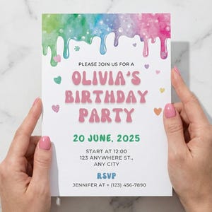 May include: A birthday party invitation with a colorful watercolor design. The top of the invitation features dripping paint in shades of blue, green, and pink. The text reads "Olivia's Birthday Party" and includes the date, time, and RSVP information.