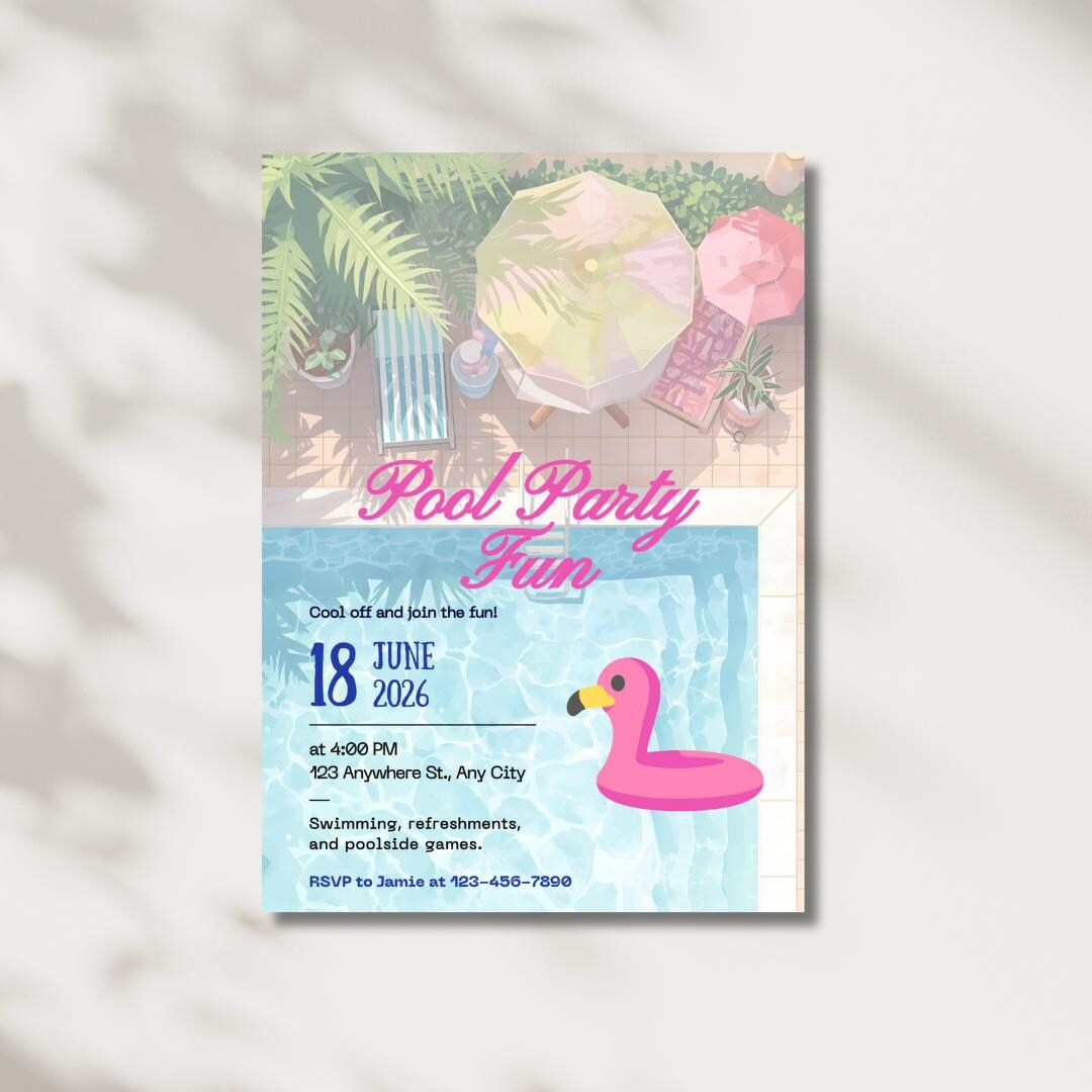 Pool Party Invitation: Watercolor Flamingo and Palm Leaves - Editable ...
