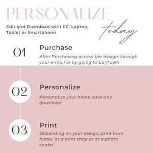 May include: A pink and white graphic with the text "PERSONALIZE" and "today" written in cursive. The graphic outlines three steps to personalize a design: purchase, personalize, and print.