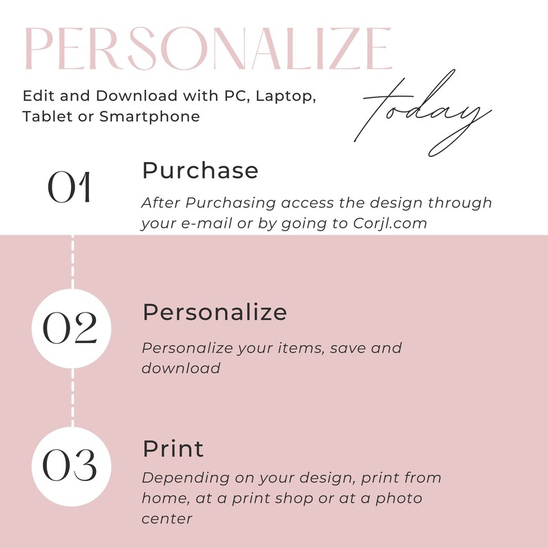 May include: A pink and white graphic with the text "PERSONALIZE" and "today" written in cursive. The graphic outlines three steps to personalize a design: purchase, personalize, and print.