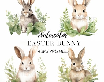 Watercolor Easter Bunny Clipart - Hand-Painted Pastel Green