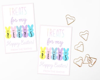 May include: Two printable gift tags with the text "Treats for my PEEPS Happy Easter! From the Smiths". The tags feature a row of five colorful cartoon Peeps.
