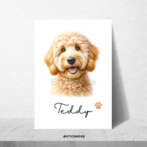 May include: A digital illustration of a light brown dog with a white background. The dog has a happy expression and is looking directly at the viewer. The dog's name, "Teddy", is written in cursive below the image, along with a paw print.