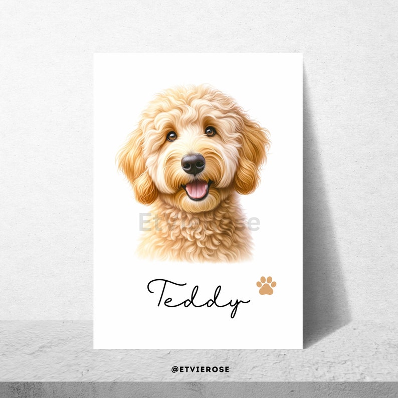 May include: A digital illustration of a light brown dog with a white background. The dog has a happy expression and is looking directly at the viewer. The dog's name, "Teddy", is written in cursive below the image, along with a paw print.