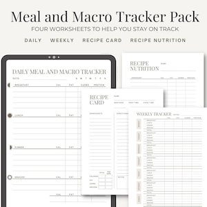 Makro Tracker Mahlzeit Planner Pack Digital Download Printable PDF mit Täglichen und Wöchentlichen Mahlzeit Logs, Rezept Karte und Rezept Ernährung Arbeitsblatt