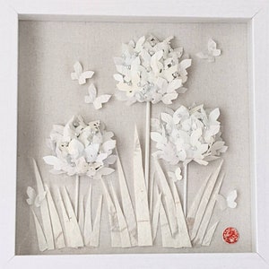White Allium 3D Butterfly Art, butterfly lover, Flower, Wal Art, Japanese Yuzen Washi, Origami Art, unique gift for women, Free Shipping