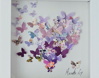 Purple 3D flyng away Butterfly Art, Heart, Wall Art, Washi Art, for butterflylovers, Japanese Rice Paper Art, Free Shipping,