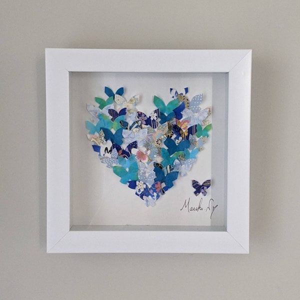 Blue 3D Butterfly Art, Heart, Yuzen Washi Art, Home Decor, Japanese Rice Paper Art, Origami, Christmas gift, Butterfly lover,Free Shipping,